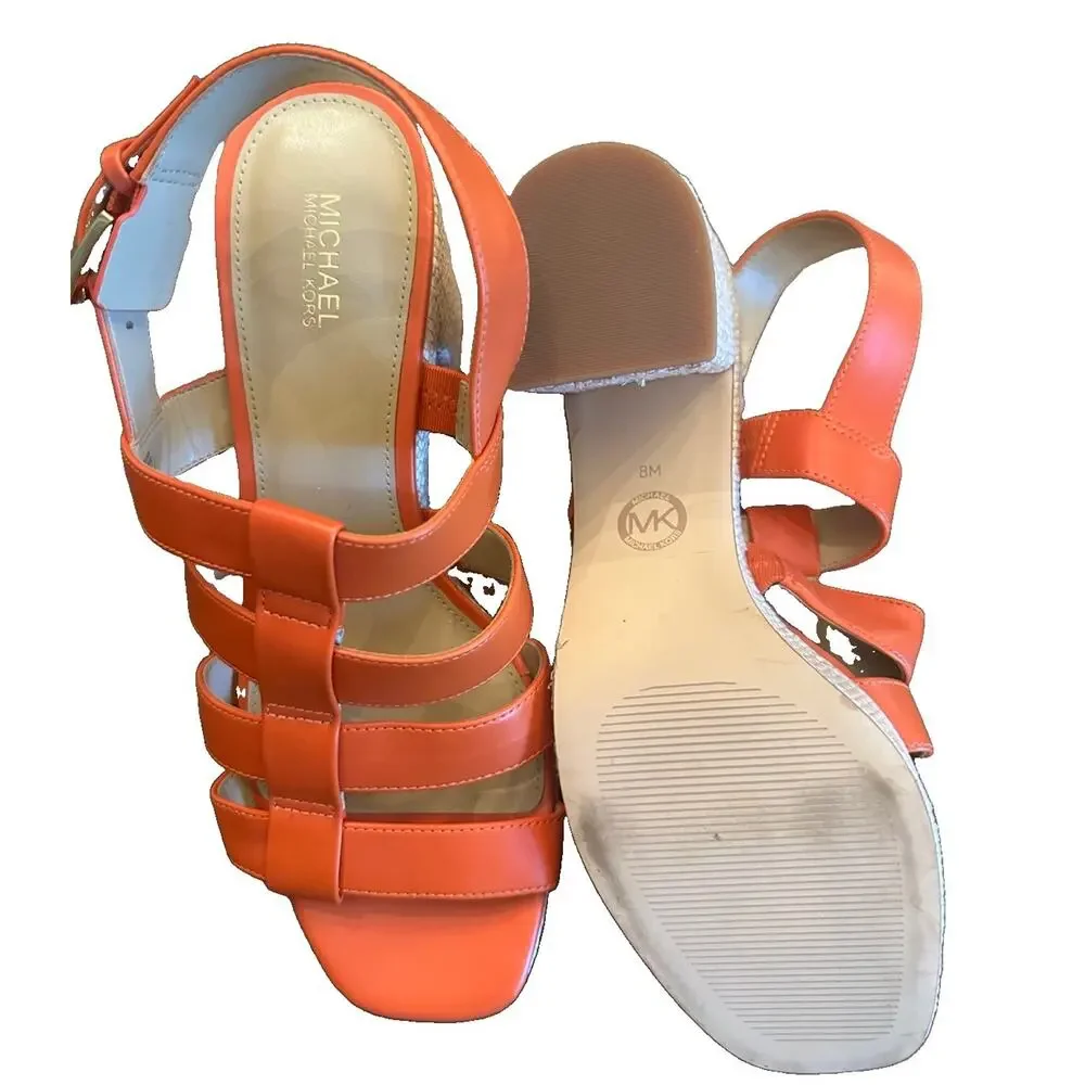 Michael Kors Orange Leather Strappy Espadrille Block Heel Sandals Sz 8M⁠